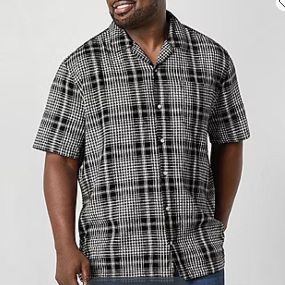 Mutual Weave Camp Fit Short Sleeve Plaid Button-Down Shirt Black/Beige XXLT NWT